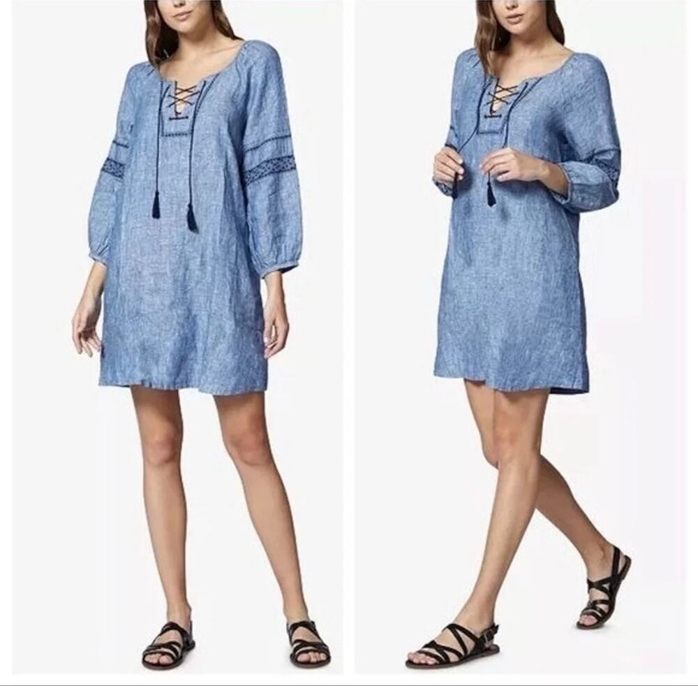 Sanctuary Mirabelle Lace-Up Dress XS Linen Chambray Peasant Dress Boho